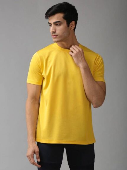 Men's Solid Regular Fit Sports T-Shirt-Yellow